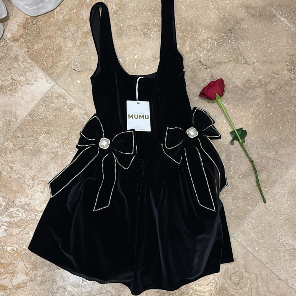 NWT Black velvet mini dress with pearl bows